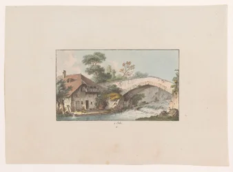 Udsigt over et hus ved en bro i Orbe à Orbe (titel på objekt) Udsigt over Schweiz (serietitel) Collection de quelques vues dessinées en Suisse d