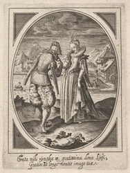 En mand træder hen til en kvinde, der holder en bæger for munden, en vandmølle og bjerg..., ca. 1585-1621.