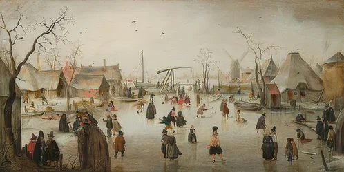 Skøjteløb i en by. Omkring 1610