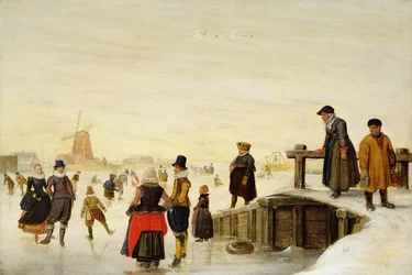 Figurer på skøjter i et hollandsk landskab