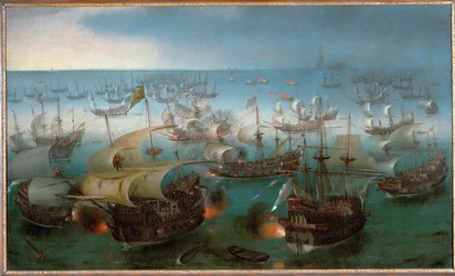 Søslag mellem den spanske armada og engelske flådestyrker (olie på lærred)
