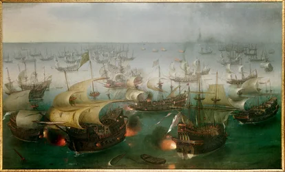 Den uovervindelige Armada mod den engelske flåde: "" 7. dag i slaget med Armadaen, 07/08/1588", Maleri af Hendrick Cornelisz Vroom (1566-1640)