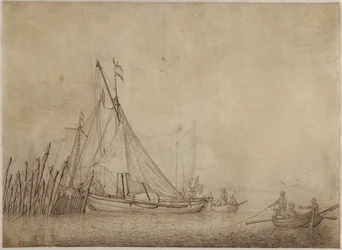 Skibe ved en fiskedam med en by i baggrunden