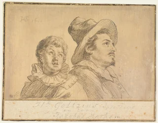 To mænd, muligvis Jan Matthijs Ban og Philips van Winghe (forsiden). Dreng med hat, halvfigur. I sine arme holder han en død gråhåret mand (bagsiden)