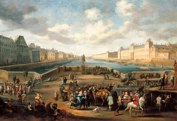 Udsigt over Paris med Louvre, taget fra Henri IV-broen (Pont neuf) - olie på lærred