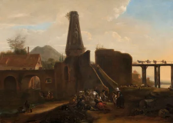 Rejsende i hvile ved siden af klassiske ruiner, 1663 olie på lærred