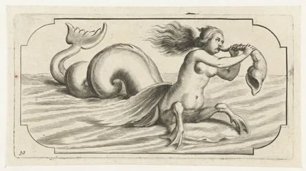 En kvindeskikkelse blæser på en skal Nouveau Livre des Dieux et Deeßes De la Marine Bouckje of Sea Gods and Goddesses (serietitel)