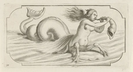 Kvindefigur blæser på en skal Nouveau Livre des Dieux et Deeßes De la Marine Bouckje of Sea Gods and Goddesses (serietitel)