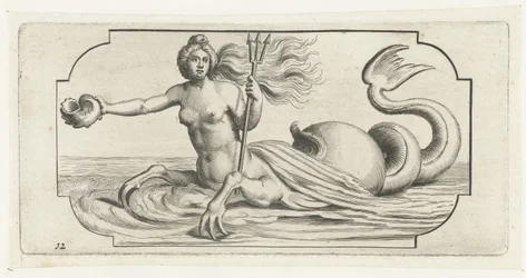 Kvindelig figur med trident fra Neptune Nouveau Livre des Dieux et Deeßes de la Marine Bouckje Van Zeegeoden og gudinder (serietitel)
