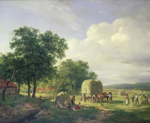 Skovklædt landskab med hømagere, 1822