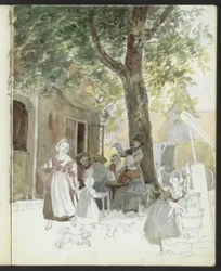 Landsbygade med brønd og figurer