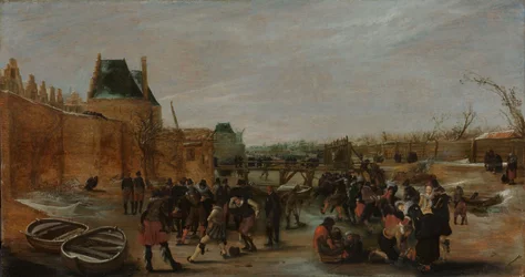 Leger på en frossen kanal i en by, ca. 1615-1620 (olie på panel)