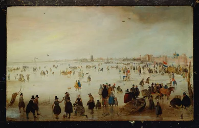 Skatere, golfspillere, elegante damer og herre på frosset flodvand ved Broederpoort ved Kampen