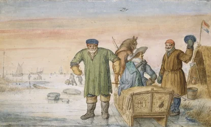 To gamle mænd ved siden af en slæde med våbenskjoldene fra Amsterdam og Utrecht, 1620-33