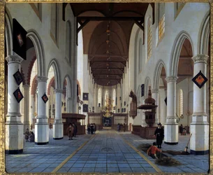 Kirkens indre udsigt (Oudekerk i Delft?) Maleri af Hendrick Cornelisz Van Vliet (1611/1612-1675) 1600-tallet søn. 0,92x1,12 m