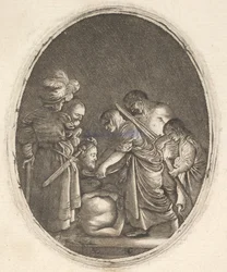Salome modtager Johannes Døberens hoved, omgivet af tre mænd og et barn ..., ca. 1610.