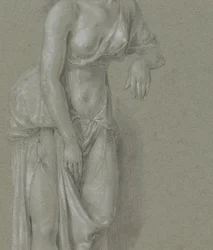 Figurstudie af en kvinde i klassisk kappe, stående tre kvarter til højre