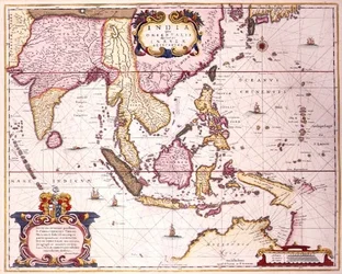 Generelt kort, der strækker sig fra Indien til det sydlige Japan og det nordlige Australien gennem den indonesiske øgruppe og Filippinerne, ca. 1700 (farvet indgravering)