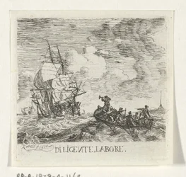 Vildt vand med forskellige både Diligente, labore (titel på objekt)