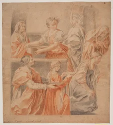 Studie efter Guido Renis freske i Chapel of the Annunciation, Palazzo Quirinale, Rom. (Marias fødsel, venstre side)