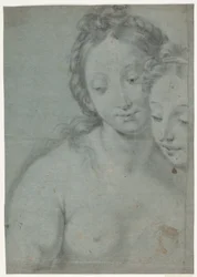 To kvindehoveder. Studier efter højre halvdel i Carlo Maratta maler: Selvportræt med Marquese Pallavicini, stourhead, National Trust, England (afb. Arte Antica e Moderna, 1961, nr. 181)