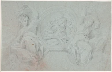 To siddende kvindefigurer omkring en medaillon med Herakles