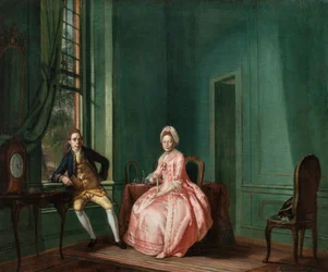 Digteren Johannes Nomsz og hans kone Anna Maria Telghorst i deres opholdsrum i Amsterdam.