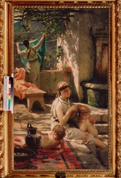 Ved brønden. (En kvinde klarer sit barns hår, en anden hænger vasketøj ud). Maleri af Henryk Siemiradzki (1843-1902), olie på lærred