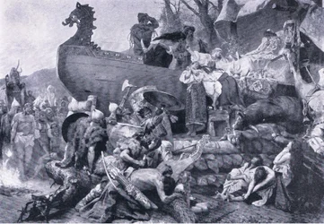 Ligbrænding af en høvding i det østlige Rusland i det tiende århundrede, illustration fra Landmarks in European History udgivet af Gresham Publishing Co, ca. 1920 (litho)