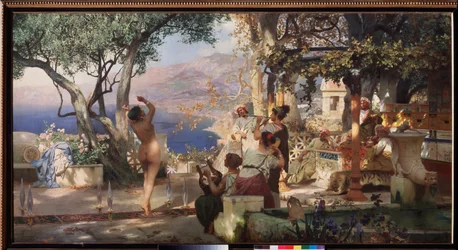 Sabel dans. (En nøgen kvinde danser mellem sværd balanceret på terrassen i en italiensk villa, til lyden af ​​en lyre og en fløjte). Maleri af Henryk Siemiradzki (1843-1902), olie på lærred