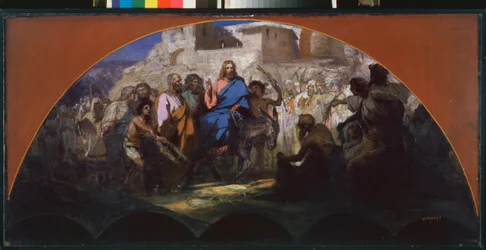 Kristi indtog i Jerusalem. (rider på et æsel, omgivet af mængden, der vinker og sætter grene på sin vej). Værk af Henryk Siemiradzki (1843-1902), olie på pap