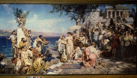 Phryne ved festen for Poseidon i Eleusis (Grækenland). Maleri af Henryk Siemiradzki (1843-1902), olie på lærred
