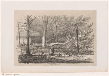 Træ blæst ned i klubben efter stormen den 28. maj 1860 Socialt telt (titel på objekt) Album med ti litografiske skitser, forestillende Tooneelen af ​​ødelæggelsen, ophidset af stormen den 28. maj 1860 i 