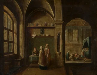 Et renæssanceinteriør med figurer: The Birth of St John, ca. 1600-49 (olie på kobber)
