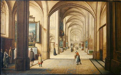 Kirkeinteriør med en sakristan, der viser et maleri til besøgende, 1608 (olie på kort)