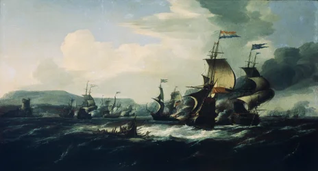 Et slag mellem hollændere og barbariske pirater nær kysten, slutningen af det 17. århundrede (oliemaleri)