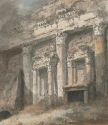 Facade af ruineret (?) romersk tempel, med søjler og døråbning