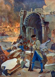 Indisk kampagne (1778-1783): udsigt over slaget ved Trinquemalay i august 1782 ved Ceylon, der modsatte den franske hær af Suffren mod briterne fra admiral Hugues" (amerikansk revolutionær krig: Østindien: slaget ved Trincomalee mellem en britisk flåde