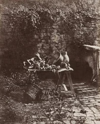 Stilleben: Gryde, kande og grøntsager på et bord af savbukke, ca. 1852 (foto)