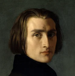 Portræt af Franz Liszt (1811-1886), ungarsk komponist og pianist (1839). Detalje af ansigtet. Maleri af Henri Lehmann (Karl Ernest (Ernst) Rudolf Heinrich Salem dit) (1814-1882). Paris, Musée Carnavalet.