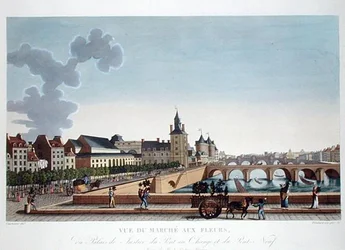 Udsigt over blomstermarkedet ved Palais de Justice, ca. 1816-20 (farvet gravering)