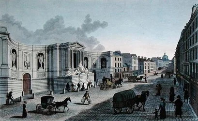 Grimberghen, udsigt til springvandet på Rue de Grenelle, Faubourg St. Germain, graveret af Grimberghen, ca.1815-20 (farvestik)