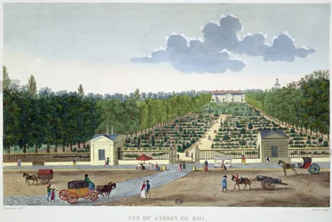 Udsigt over Jardin du Roi i Paris fra Austerlitz bro, indgraveret af Claude Fortier (1775-1835) (farvegravering)