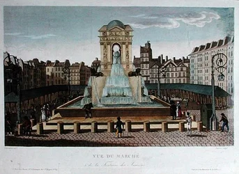 Udsigt over Marche des Innocents, graveret af Eugene Dubois, ca. 1815-20 (farvet gravering)