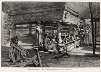 Batak kvinder, Nord Sumatra etnisk gruppe, vævning. Gravering af Laurent Desrousseaux for at illustrere historien "" et år i Malaysia", af Jules Claine (1856-1939), i 1889-1890, i Le tour du Monde 1892, instrueret af Edouard Charton (1807-1891), Hachette, 