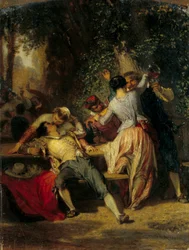 Cabaretscene Par danser og kysser. Maleri af Henri Baron (1816-1885) 1800-tallet søn. 0,35x0,27 m