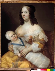 Repræsentation af den fremtidige kong Ludvig XIV (1638-1715) baby, i badedragt i armene på sin sygeplejerske Marie de Longuet de la Giraudiere. Kvindens bryst er opdaget og klar til at amme barnet. Maleri af Charles (1604-1692) og Henri (1603-1677)