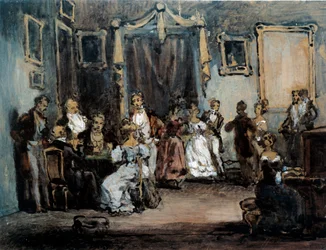 En aften på Madame X Social møde i salonen til en parisisk kvinde. Akvarel af Henry Monnier (1805-1877) 19. århundrede