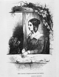 Eugénie Grandet ved hendes vindue - i "" Eugénie Grandet"" af Balzac, ill. Henri Monnier, original udgave af 1843