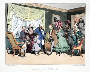 Faubourg St. Honoré, illustration fra "Six Quartiers de Paris" af Henri Monnier, litograferet af F.S. Delpech, udgivet af F.S. Delpech. Paris, ca. 1828 (håndkoloreret litografi)